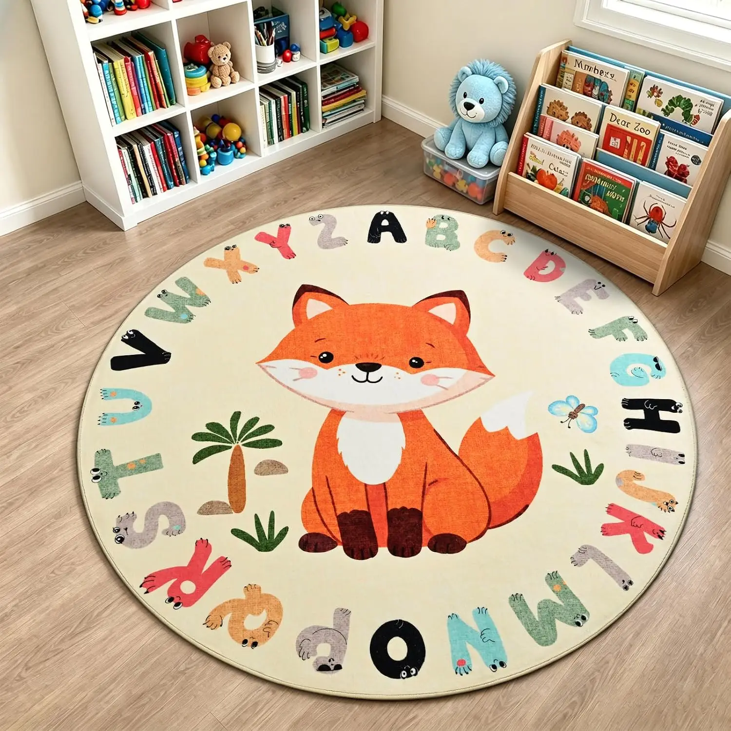 Cute Fox Alphabet Rug for Kids Playroom ABC Learning Mat Toddler Nursery Circle Carpet Educational Home Decor Polyester