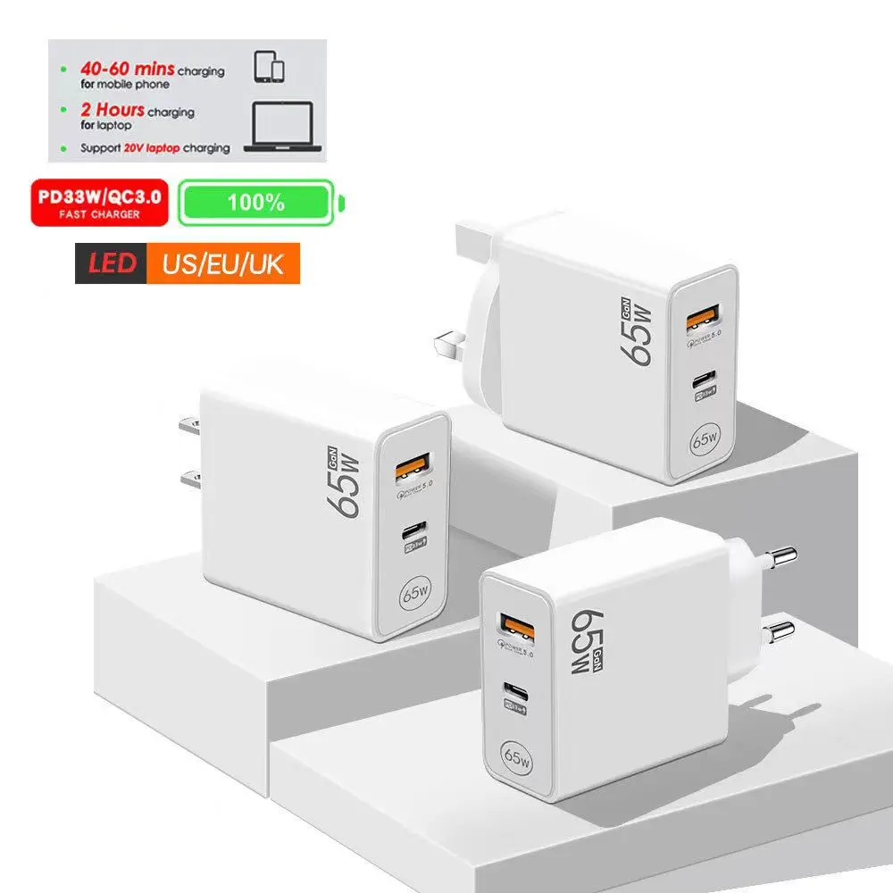 

GaN 65W Pengisi Daya Cepat USB C Pengisi Daya Cepat PD untuk Pengisi Daya Ponsel iPad Xiaomi Samsung iPhone QC3.0 Adaptor Pengis