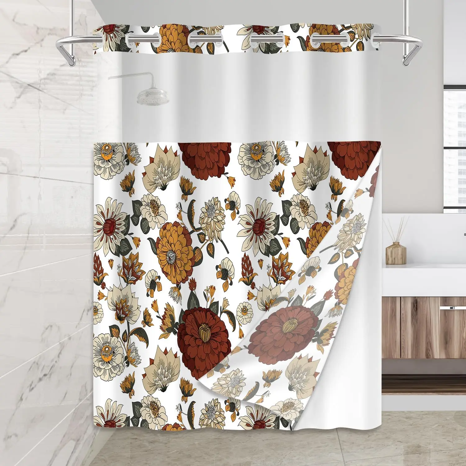 

No Hook Shower Curtain Set with Snap in Fabric Liner for Bathroom,with See Through Top Window,Double Shower Curtain with