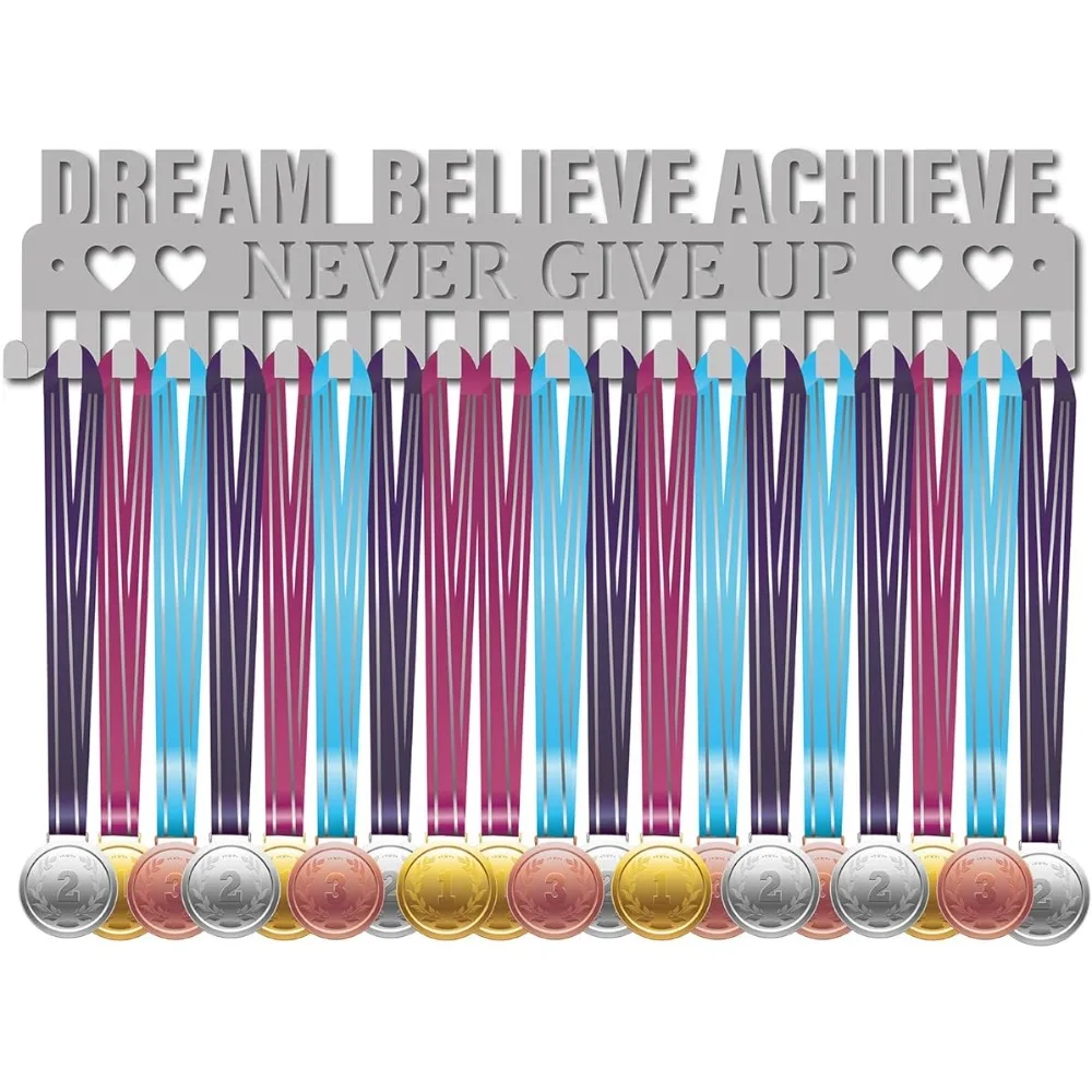 

Medal Holder Display Hanger Rack Sports Dream Believe Achieve Never Give Up Metal Wall Mount with 20 Hooks for Race Runner