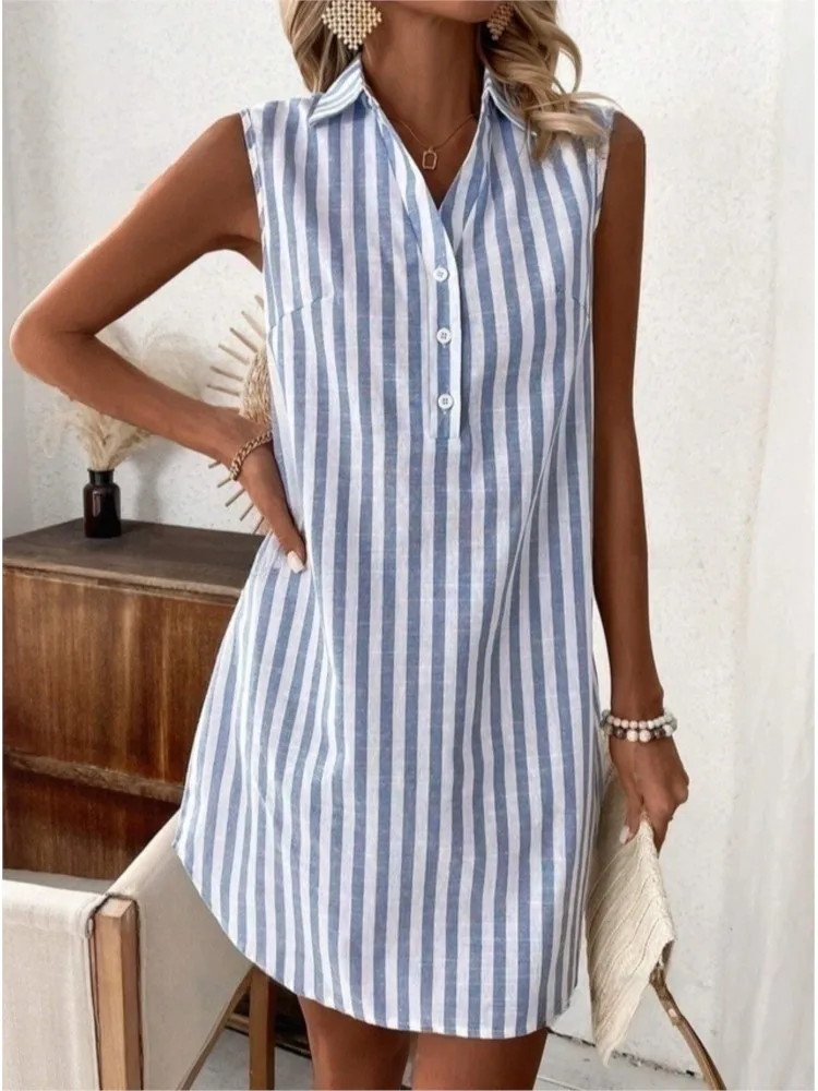 

Women's Striped Loose Shirt Dress Summer New Button Pullover V-neck Fashion Simple Temperament Casual Versatile Mini Dress Woman