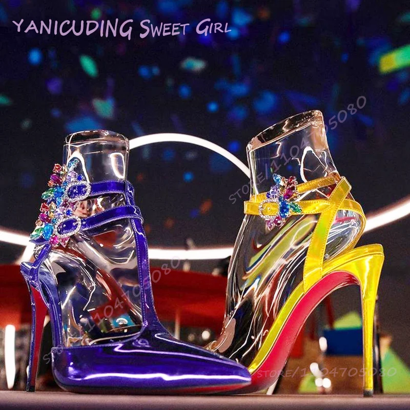 

Purple Patent Leather Flash Red Blue Crystal Gem Heels Girls Summer Stiletto Heels Sexy Hollow Buckle Sandals Women Tassel Shoes