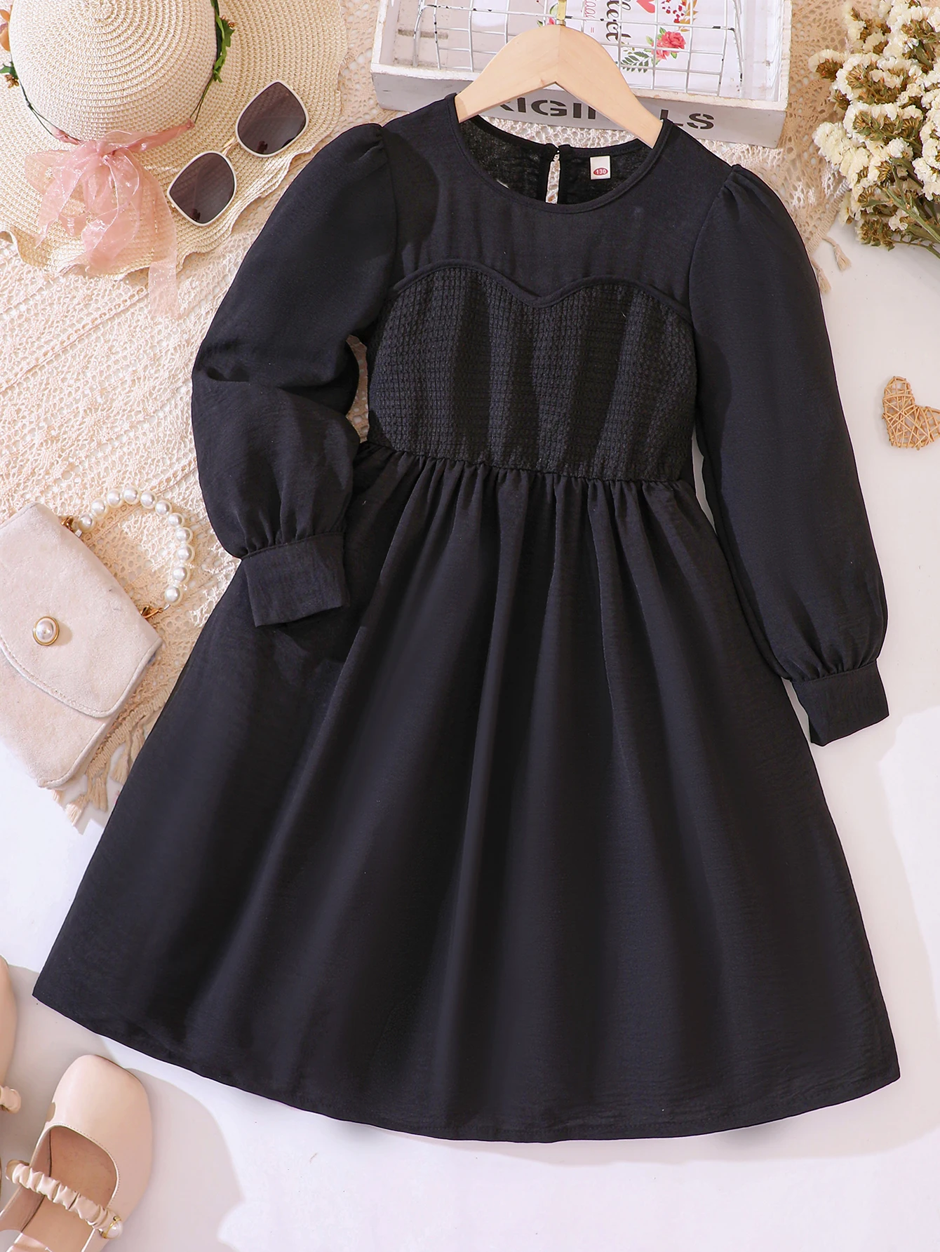 Girls\' Autumn And Winter New Casual Romantic Pure Black Long Sleeved Patchwork Dress