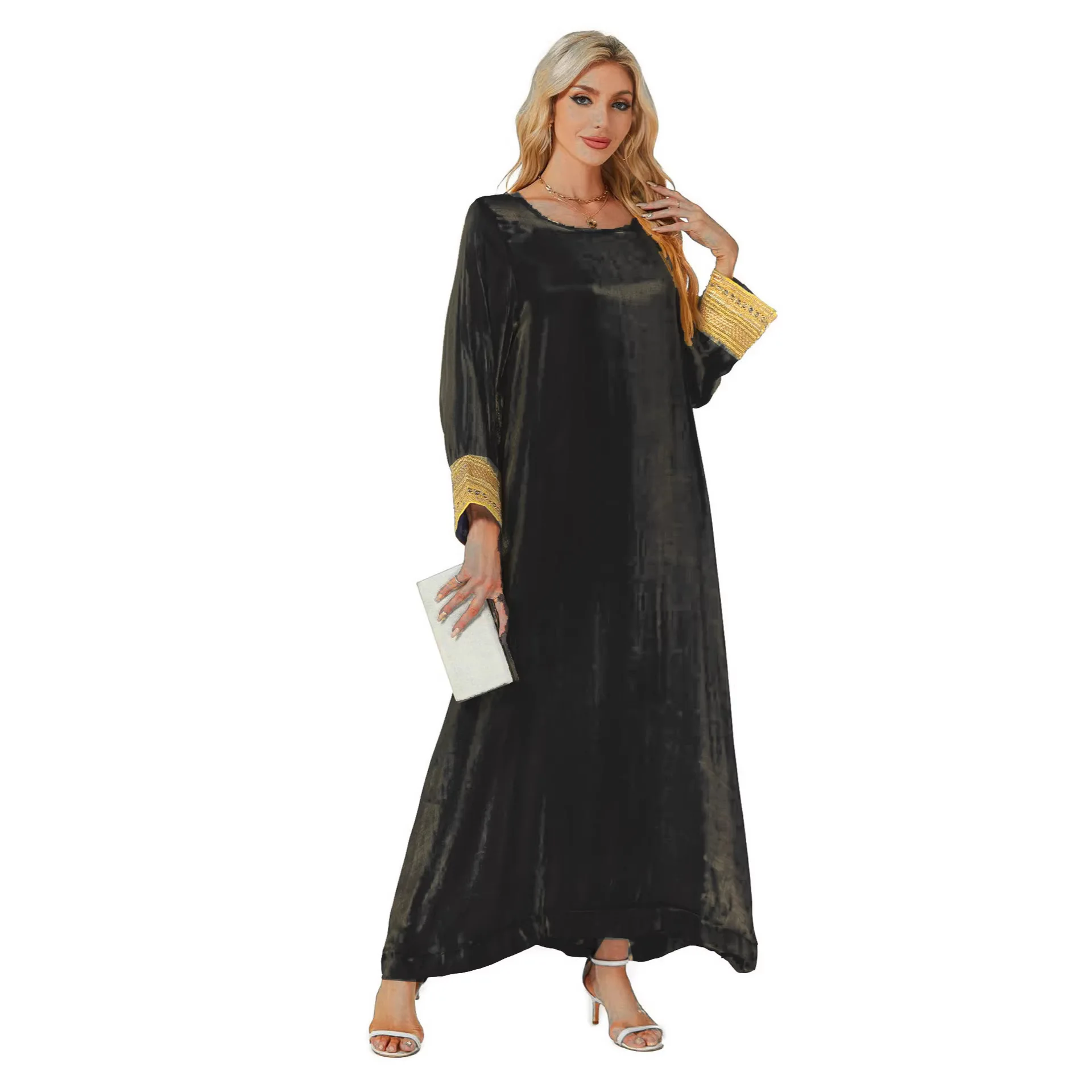 

Shiny Cotton Gold Glitter Long Dress With Spliced Wide Hem, Solid Color Women's Dress, Luxurious New Style Islam Elegant