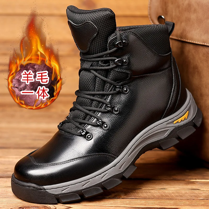 

Мужские зимние теплые сапоги для снега из натуральной кожи с флисовой подкладкой, утолщенные, повседневные, высокие, хлопковые.