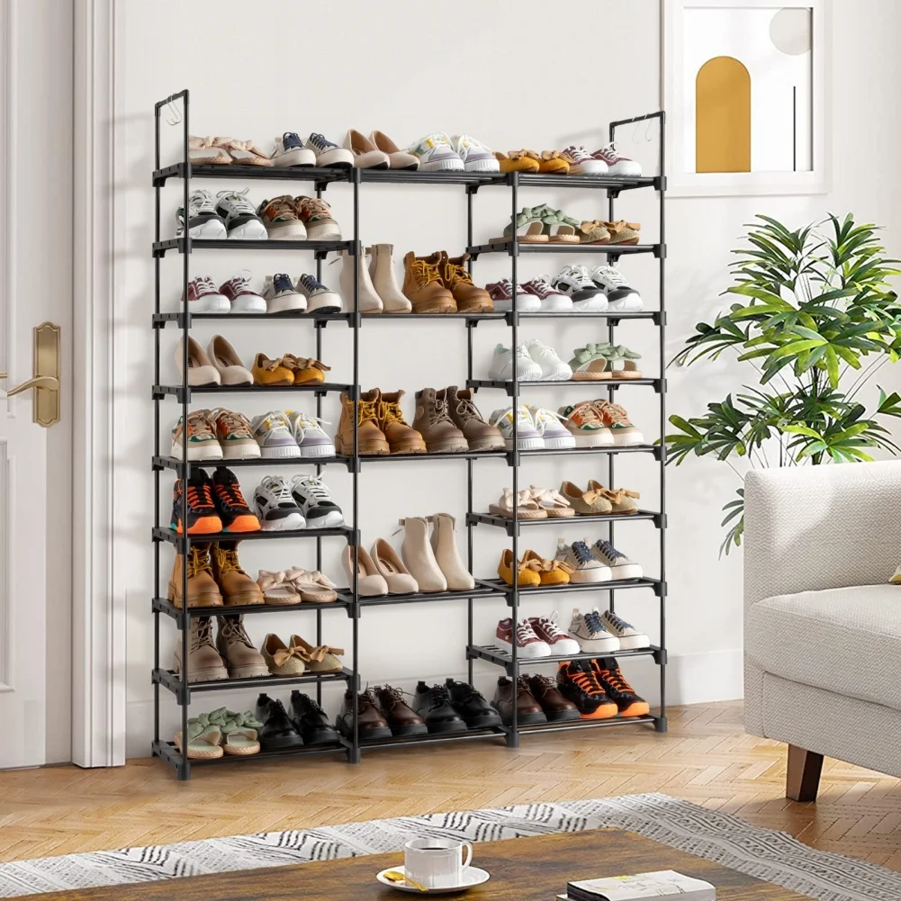 

9 Tiers Shoe Rack Storage Organizer Metal Shoe Rack With Side Hooks 50 Pairs Stackable 3 Rows Shoes Shelf Storage For Entryway