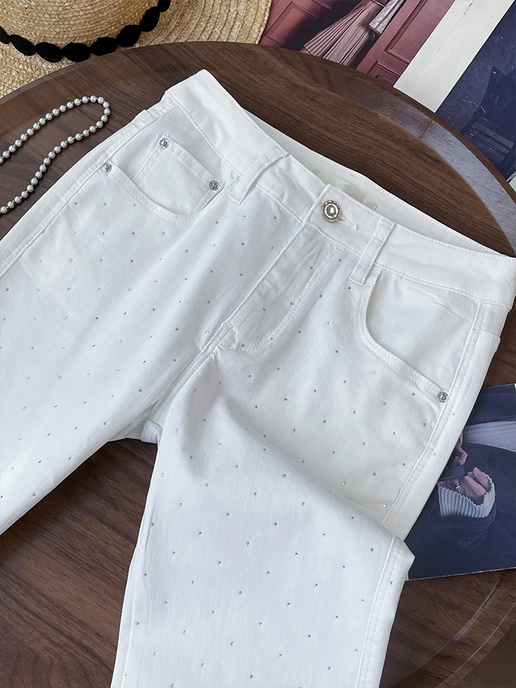ฤดูร้อนใหม่ Retro หญิงสไตล์ลูกไม้กางเกงขาตรงสีขาวสบายๆกางเกงยีนส์เอวสูง DENIM กางเกงแฟชั่น Hollow OUT กางเกง