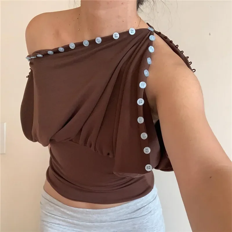 Y2K Vintage Off Shoulder Draped Blouse With Button Trim Slim Fit Ruched Waist For Women Casual Streetwear Party Top