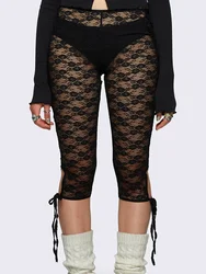 Women Lace Capri Pants Casual Bandage Cutout See-Through Elastic Trousers for Daily Streetwear