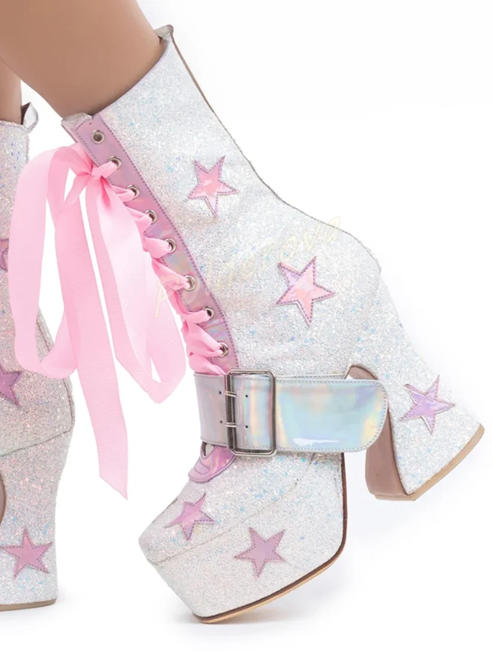 Glitter Platform Mid Calf Boots Pink Ribbon Lace Up Star Patch Buckle Block Heel Sweet Ankle Boots Women Y2K Party Fashion Shoes