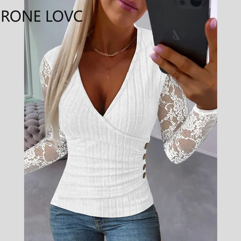 

Women Chic Solid Basics Deep V Neck Lace Patch Long Sleeves Wrap Button Decor Skinny Knitting Top