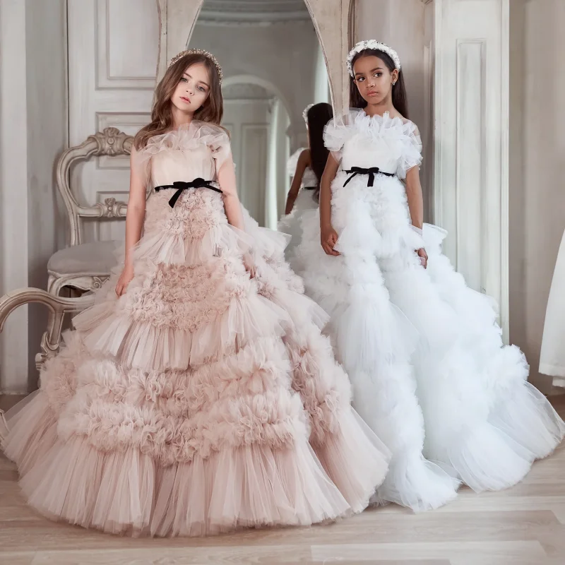 

Flower Girl Dresses Pink And White Tulle Tiered With Black Bow Belt Short Sleeve For Wedding Birthday Banquet princess Gowns