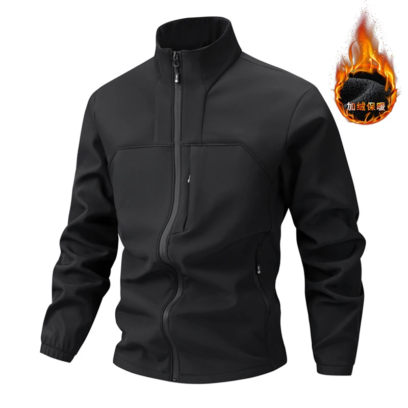 Autumn Winter New Mens Softshell Jacket Fleece Lined Stand Collar Windproof Breathable Casual Outdoor Coat