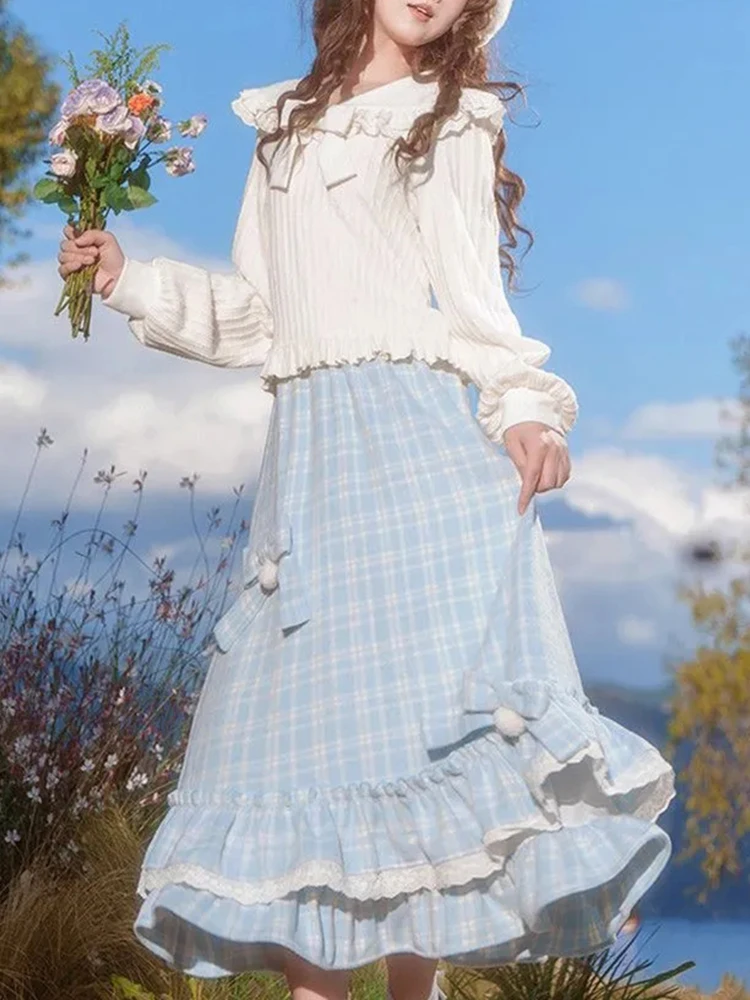 

Blue Plaid ort irt And High Waist Lantern Sve Doll Collar Top And Skirt Set Women's Faion Autumn Winter New Arrival