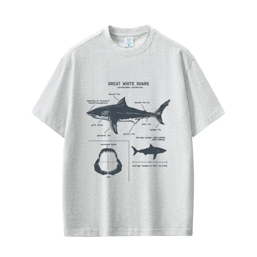 Marine Animals Great White Shark Anatomy Graphic T-shirt Men Women Casual Oversized Streetwear Men's Fashion Vintage T Shirts