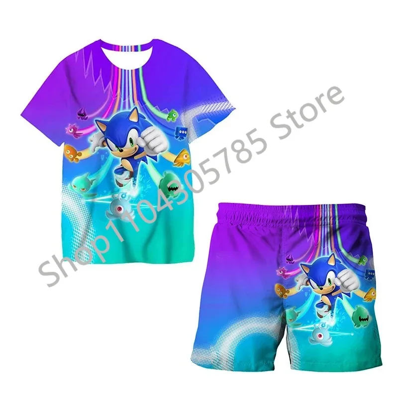 

Summer Sonics Catoon Children Teen T-shirt Fashion Short Sleeve Top + Shorts 2pcs Suit Kid Boy Girl Clothes Casual Printed Set