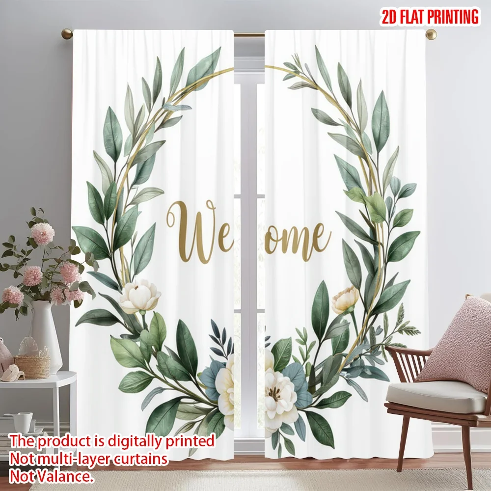 

2D flat printing 2pcs Window Curtains Welcome Floral Wreath Digital Printed Polyester Drapes Festive Wall Decor Use for Door
