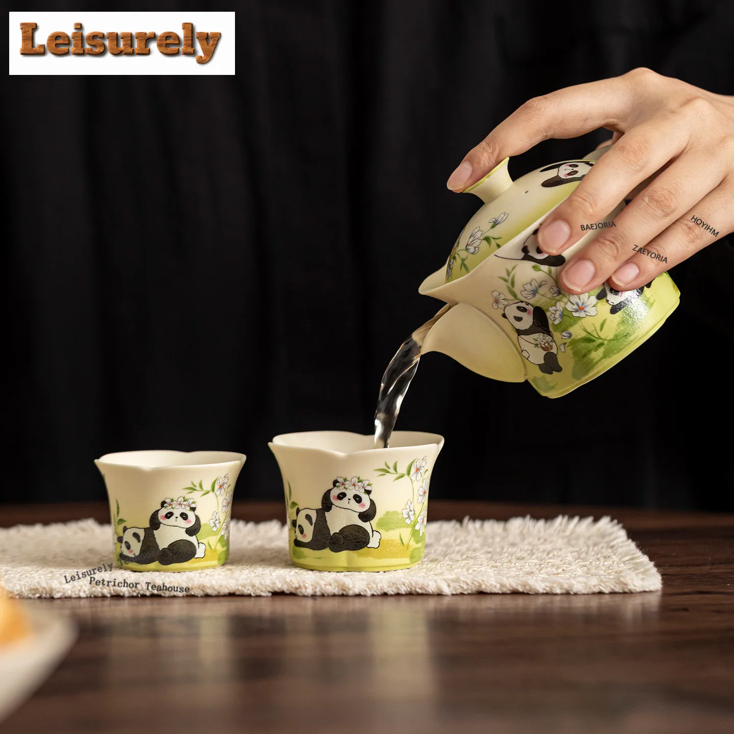 HOYIHM Rock White Panda Spring Travel Tea Set Kit Antique 1 Pot 2 Cups Tea Brewing Organizer Portable Camping Handbag Decoration