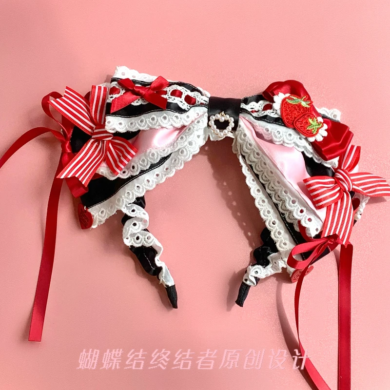 

Оригинальная повязка на голову с клубничным принтом, черно-красными полосками и большим бантом, в стиле Лолита, милый головной убор