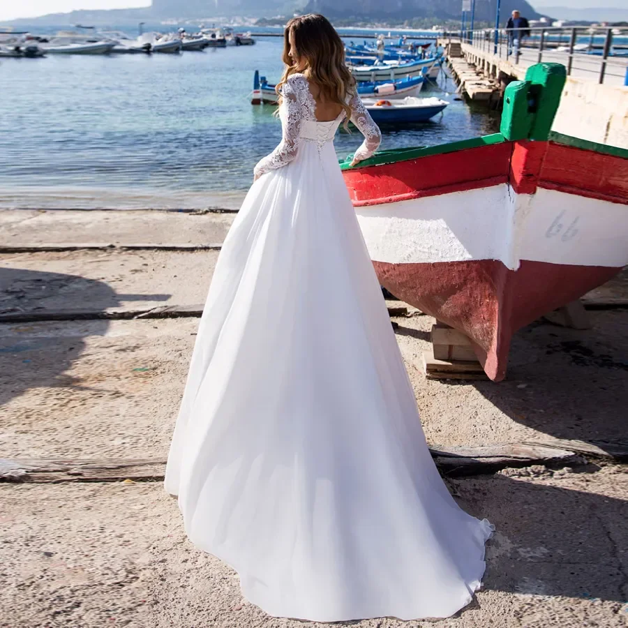 Vestidos De novia De manga larga con cuello De murciélago, Vestidos De novia De playa, tren De barrido, apliques De gasa bohemios