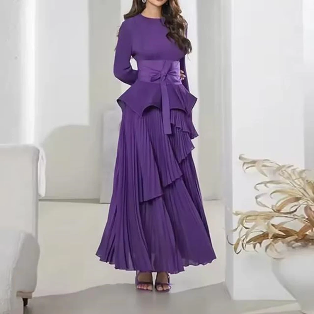 

Customized A-line Evening Dresses Ankle-length O-neck Full Sleeve Prom Gown Simple Fashion Pleat Sashes Draped Casual Party Gown