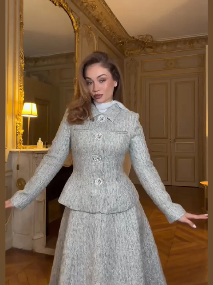 

Elegant Woolen Coat Dress Suit Women Chic Lapel Tweed Long Sleeve Slim Fit Office Set 2025 Autumn New Lady Commute Daily Outfit