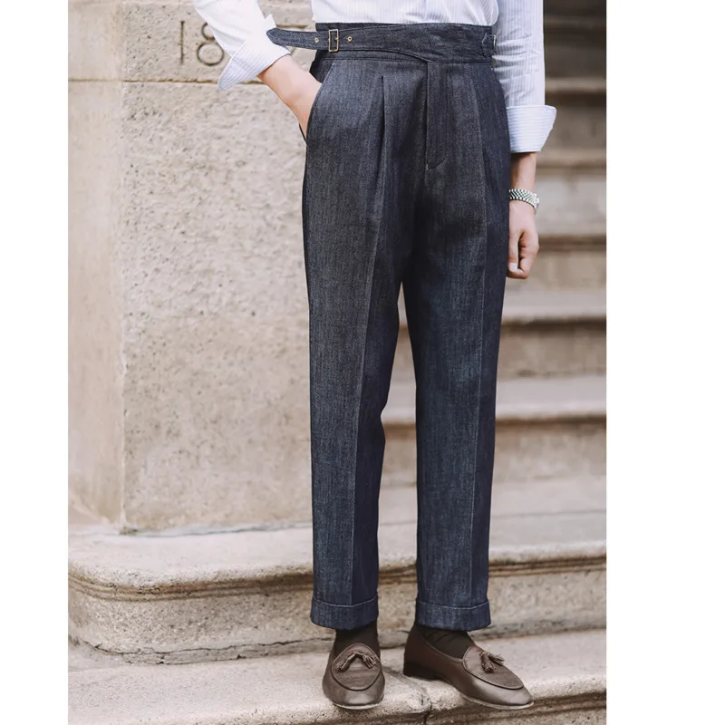 

Fashion Mens Dress Pant High Waist Straight Pants Men Spring Business Versatile Belt Trouser Gentleman Paris Button Pant