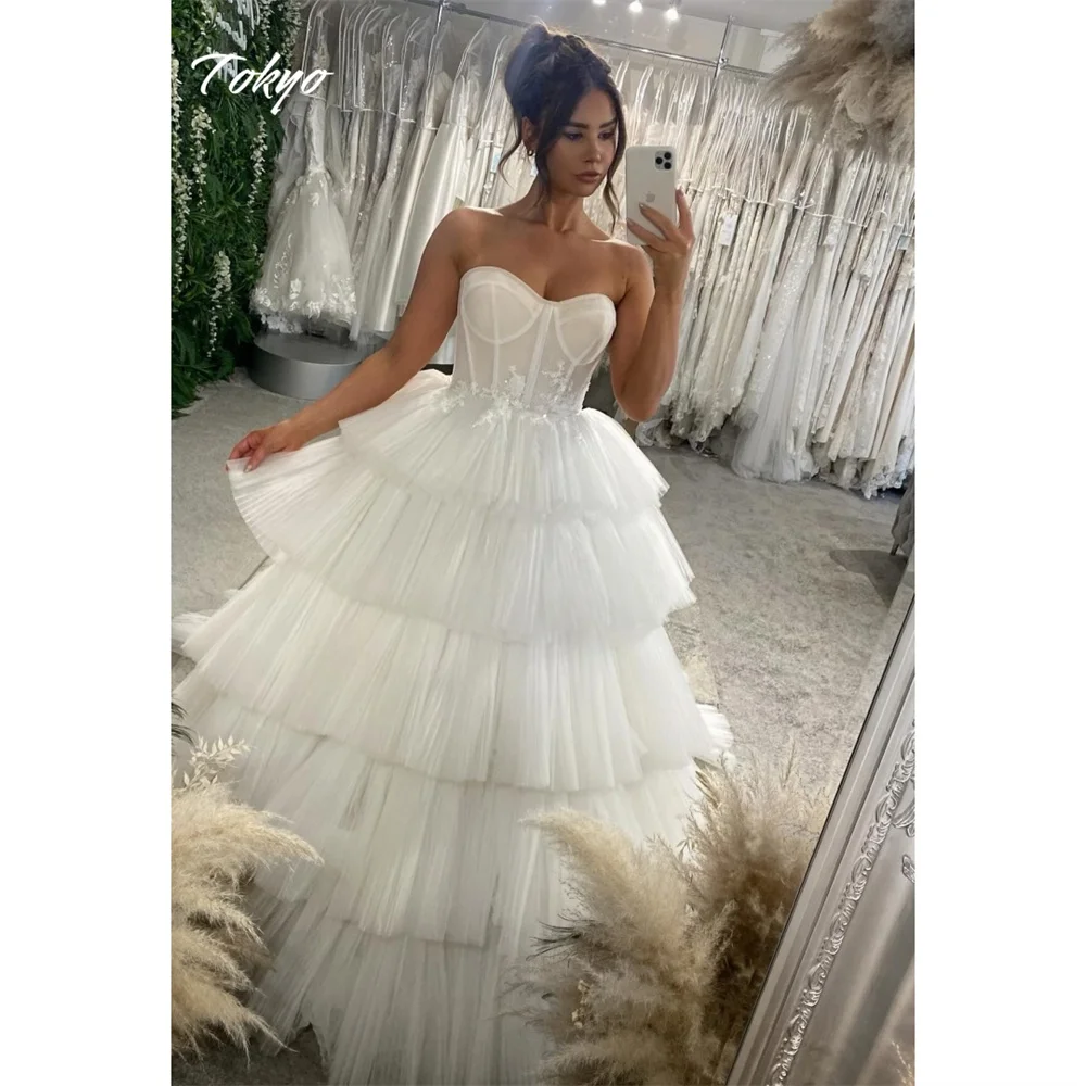 Tokyo Customized White Sweetheart Neck Wedding Dress Sleeveless Cascading Ruffle Bridal Gowns 2025 Tulle A-Line Wedding Gowns