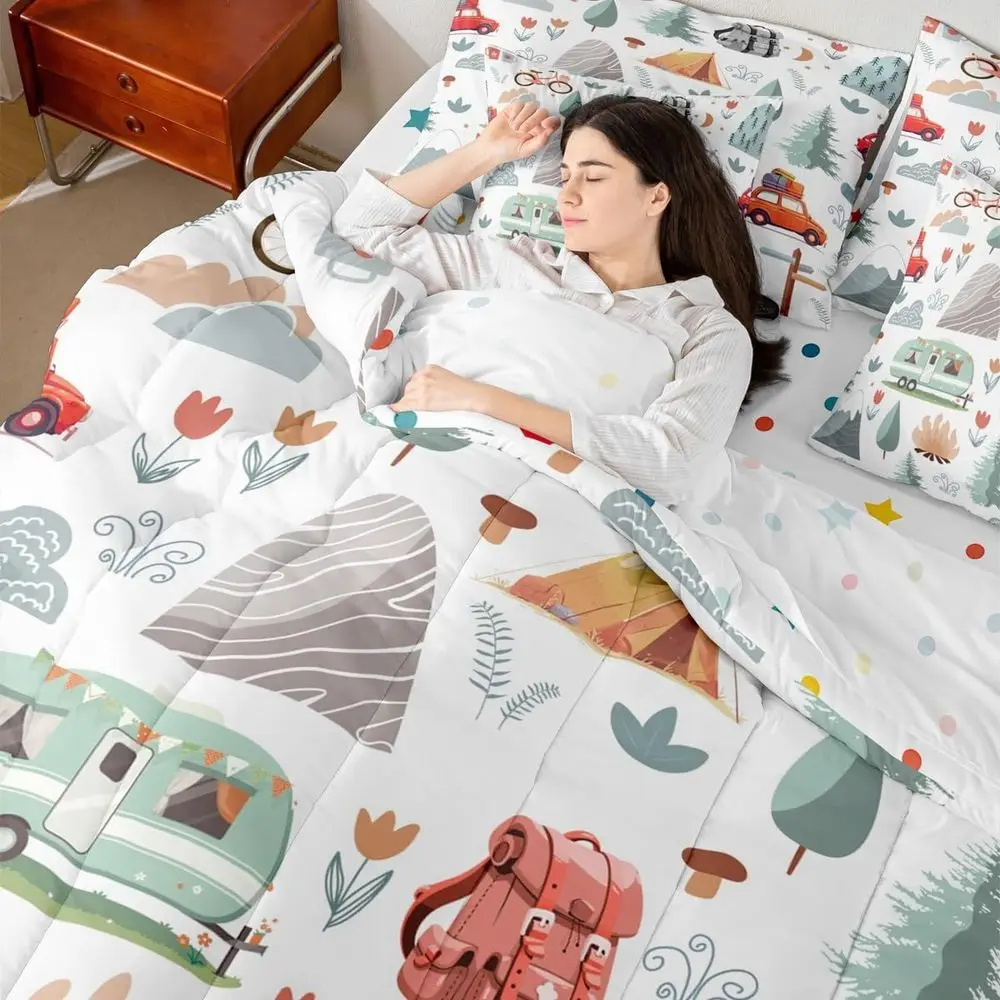 Twin Size Happy Camping Comforter Set with 7 Pieces, Botanical Flowers & Mountain Adventure Theme, Perfect for Travel and RV Use