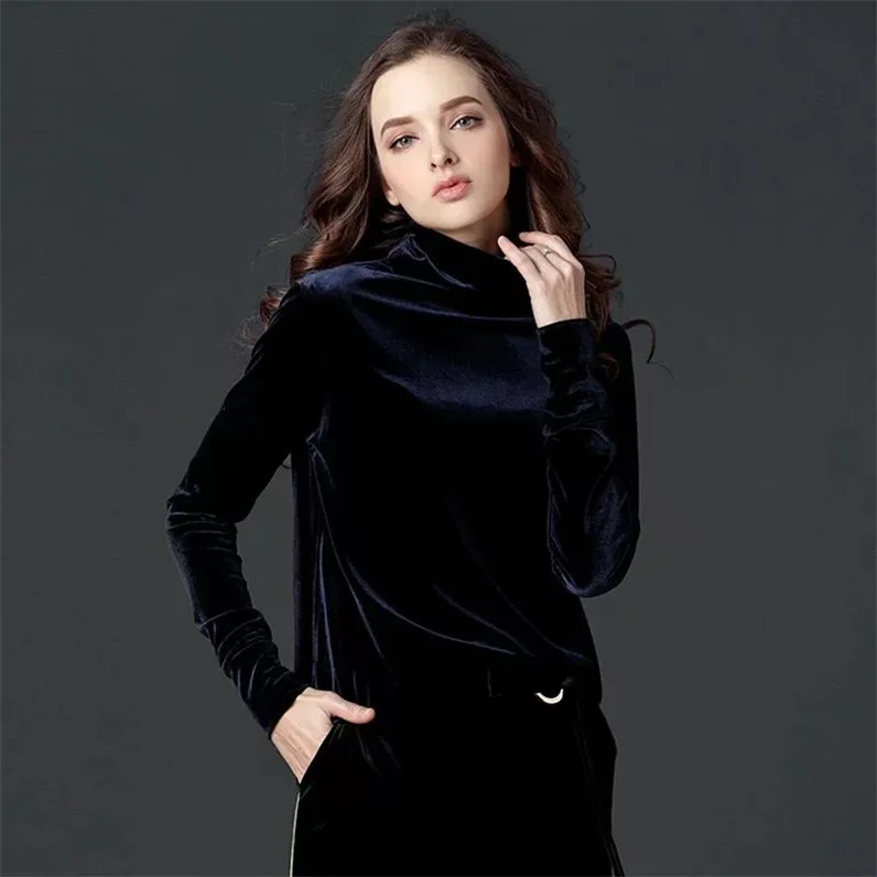 2024 Korean style women Autunm turtleneck velour shirt office lady black green blue Winter velvet Blusas ropa para mujer shirts