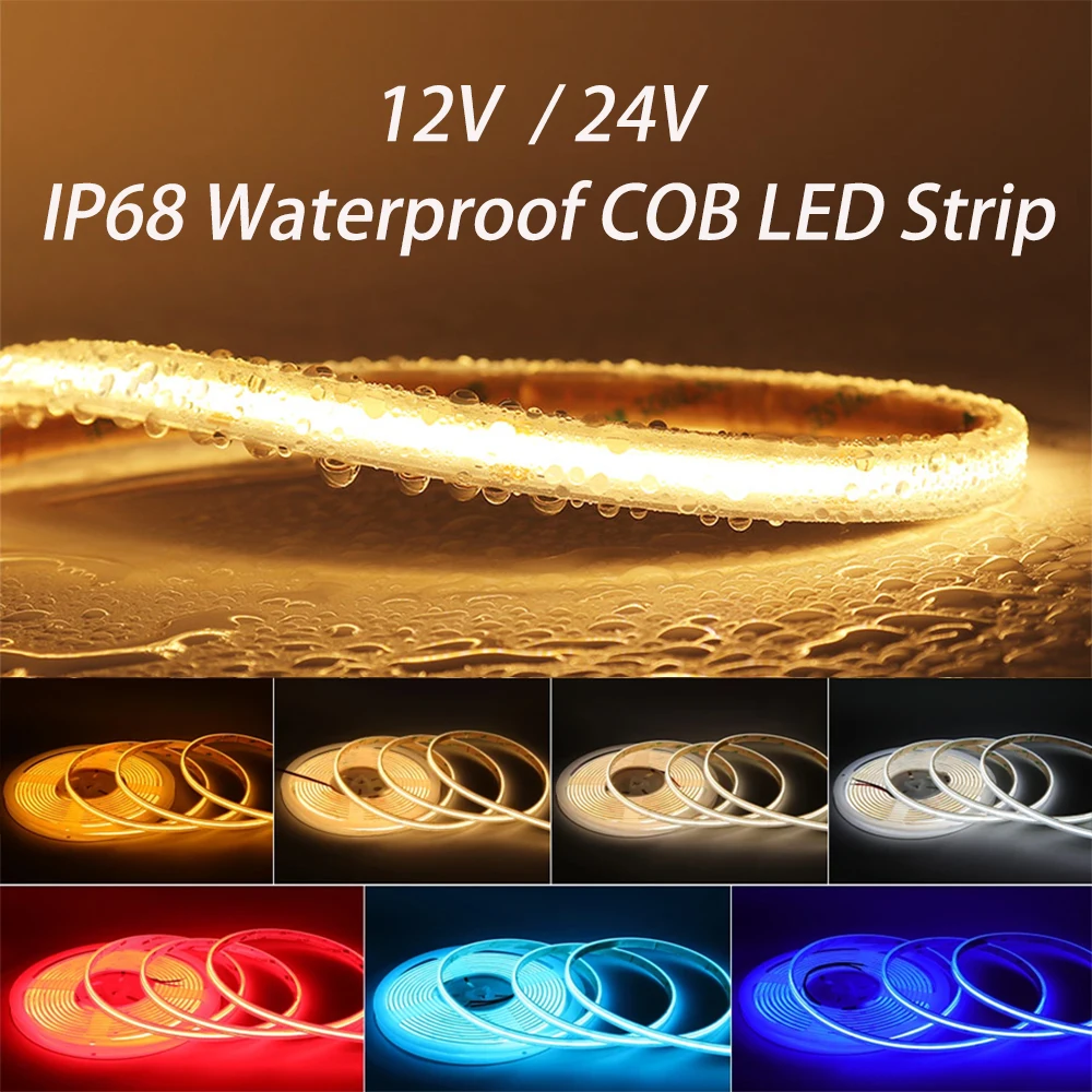 IP68 Waterproof COB Strip Light 12V 24V Outdoor LED Strip 3000K 4000K 6000K Flexible Ribbon LED Tape Light For Home Garden Decor