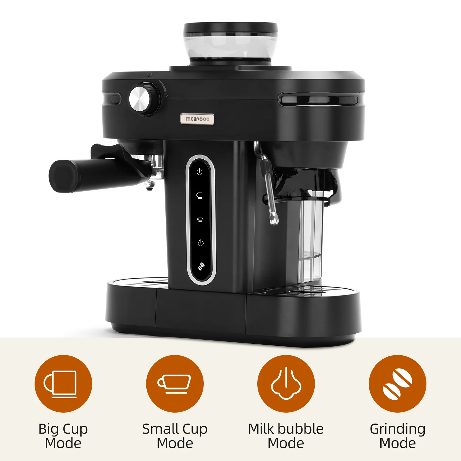 Mcilpoog-Máquina de Espresso Semi Automática, 3 em 1 com Grinder e Steam Wand para Cappuccino ou Latte, AC510, 19Bar