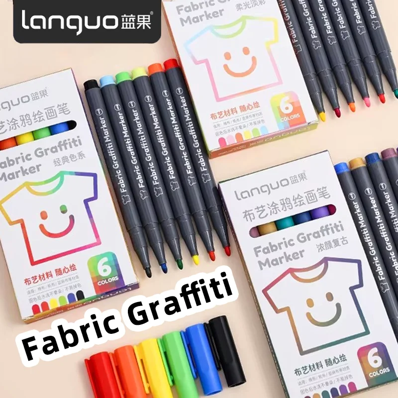 Languo 6pcs/set Fabric Markers, Large Ink Capacity, Washable & Reusable, for DIY Shoes, T-shirts, Canvas Bags Graffiti Drawing
