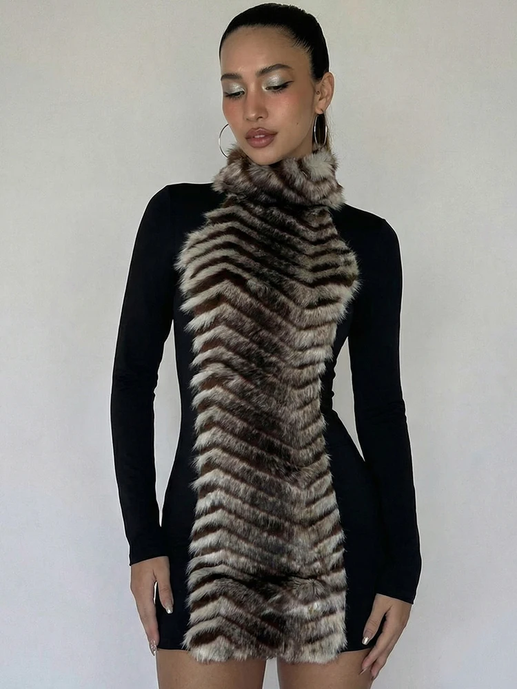 Cutenw vestido de retalhos de pele de gola alta feminino tendência elegante manga comprida stretch festa de aniversário de luxo body clube sexy body