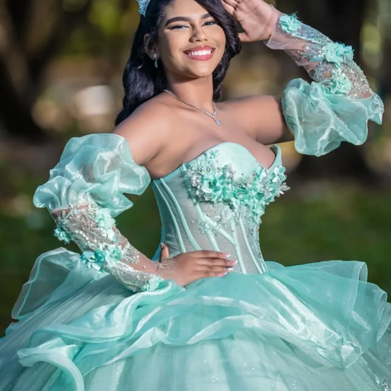 

Customized mint green Dresses Off the Shoulder applique layering Long tail Tull Bow 3D flower Vestido 15 Quinceanera