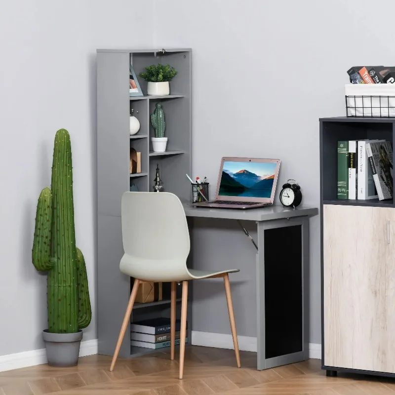 Fold-Out Convertible Office Desk, Wall Mount Computer Desk with Blackboard and Side Shelf, Charcoal Gray