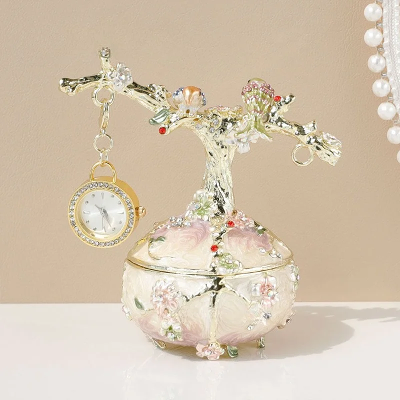 Personality Enamel Magpie Plum Blossom Trinket Box,Vintage Clock Hand Painted Jewelry Organizer,Creative Desktop Art Craft Gift