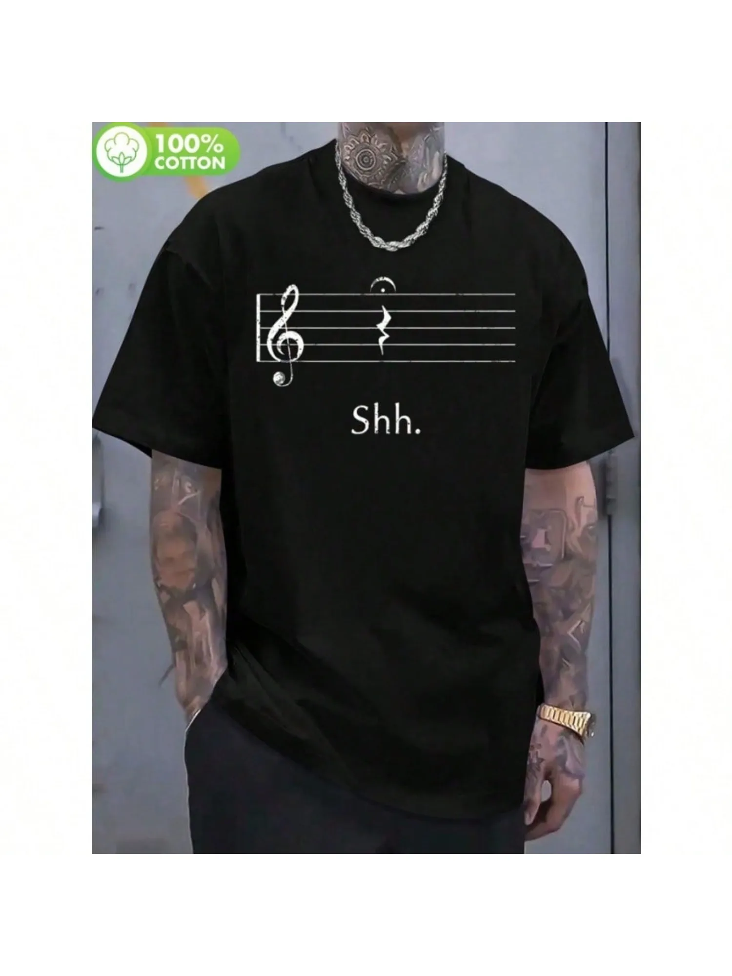 تي شيرت برسومات Music Note - تي شيرت كاجوال من القطن الأسود مع أكمام قصيرة بتصميم Quart Rest Fermata #6