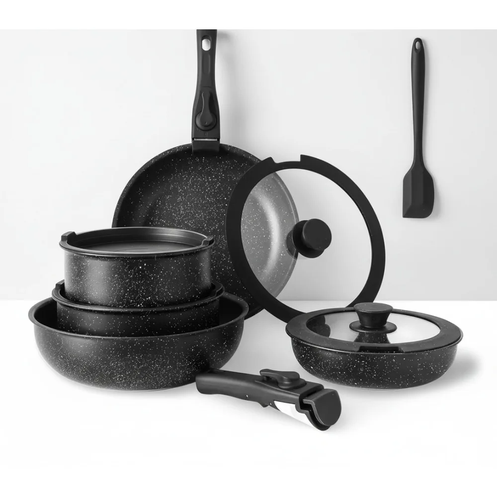 

Набор посуды с антипригарным покрытием из 12 предметов, черное гранитное покрытие, безопасный в духовке и индукционный, совместимый с семейными кухоньями