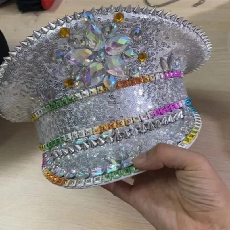 P88B Bejeweled Bride Hat Heavy Pearls Captain Hat Diamond-studded Hand Beading Hat