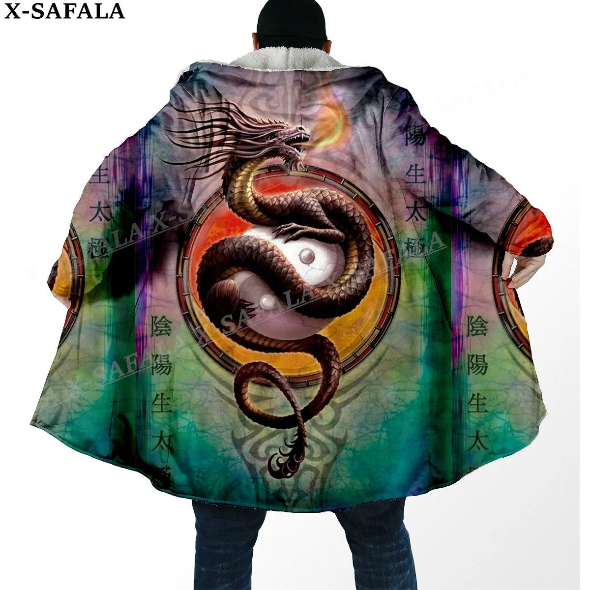 Mythology Dragon Yin And Yang Thick Warm Hooded Cloak Men Overcoat Coat Windproof Fleece Cape Robe Hooded Blanket-8