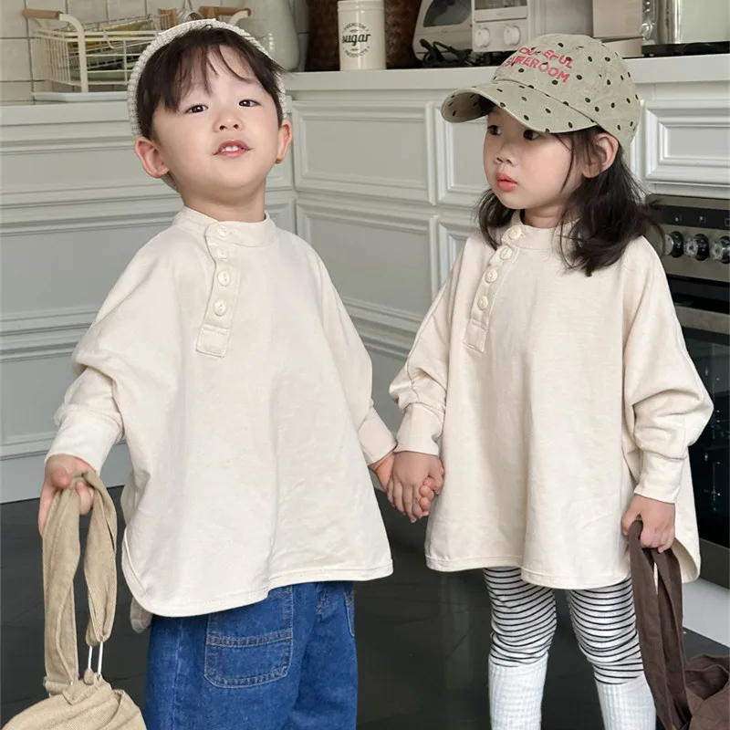 2024 Spring New Boys and girls solid color Slanted button Sweatshirt japanese style children cotton loose T shirts Tops