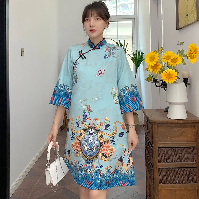 少女民族风印花棉麻连衣裙 宽松中长款日常穿搭