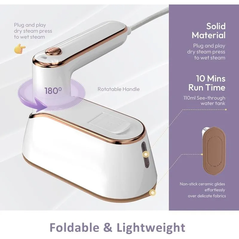 مكواة بخار للسفر بقدرة 1300 وات، مكواة سفر صغيرة محمولة فعالة للملابس بتصميم رقيق، مثالية للسفر، باللون الأبيض