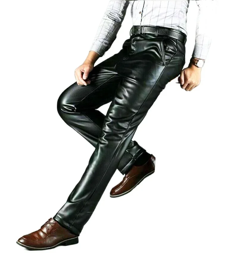 Black leather pants men\'s fashion casual plus size motorcycle pants trousers men\'s PU leather jogging pants business