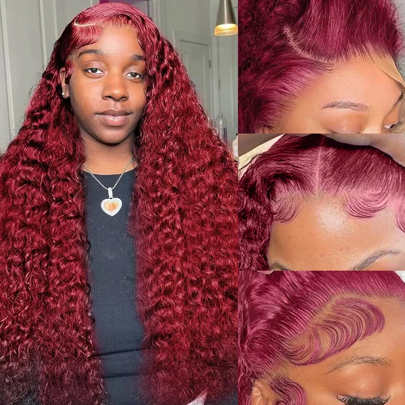 30 Inch 99J Burgundy Deep wave 13x6 Lace Front Wig Human Hair Wine Red Color Water Wave 13x4 Lace Front Wig For Women 180%