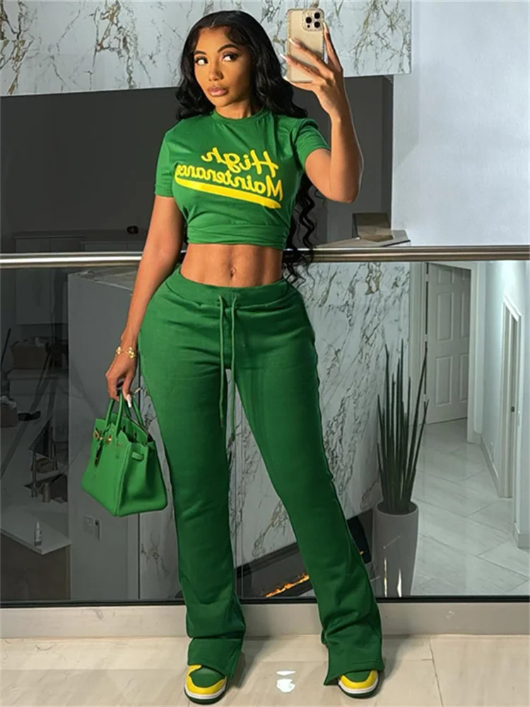 

InGrily Sporty Letter Print 2 Piece Set Women Tracksuit Casual Trend o-Neck Crop Top+Pants Matching Street Tight Stretch Outfits