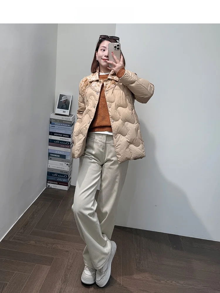 

High Quali 90% White Goose down Jaet Cozy Warm Full Body Coverage oulder Level Design Slimming Butt Covering Splicing