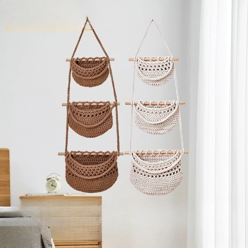 

1 шт. 3-ярусная плетеная подвесная корзина для фруктов, съемная настенная сетка для хранения овощей, кухонный органайзер в стиле бохо