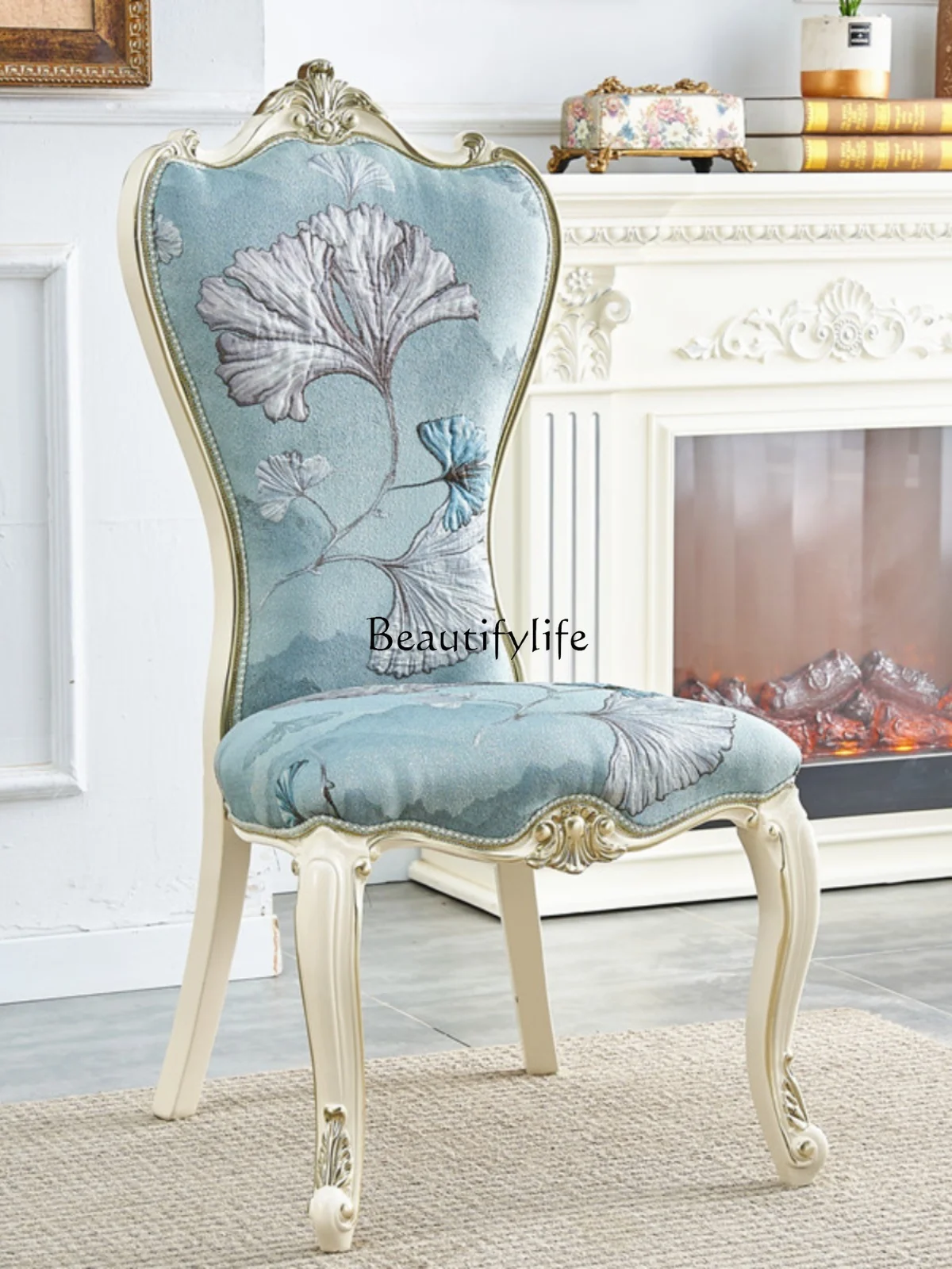 European-Style Solid Wood Home Dining Chair French-Style Wood Carved Fabric High-End Backrest Soft Pillow Princess Chair